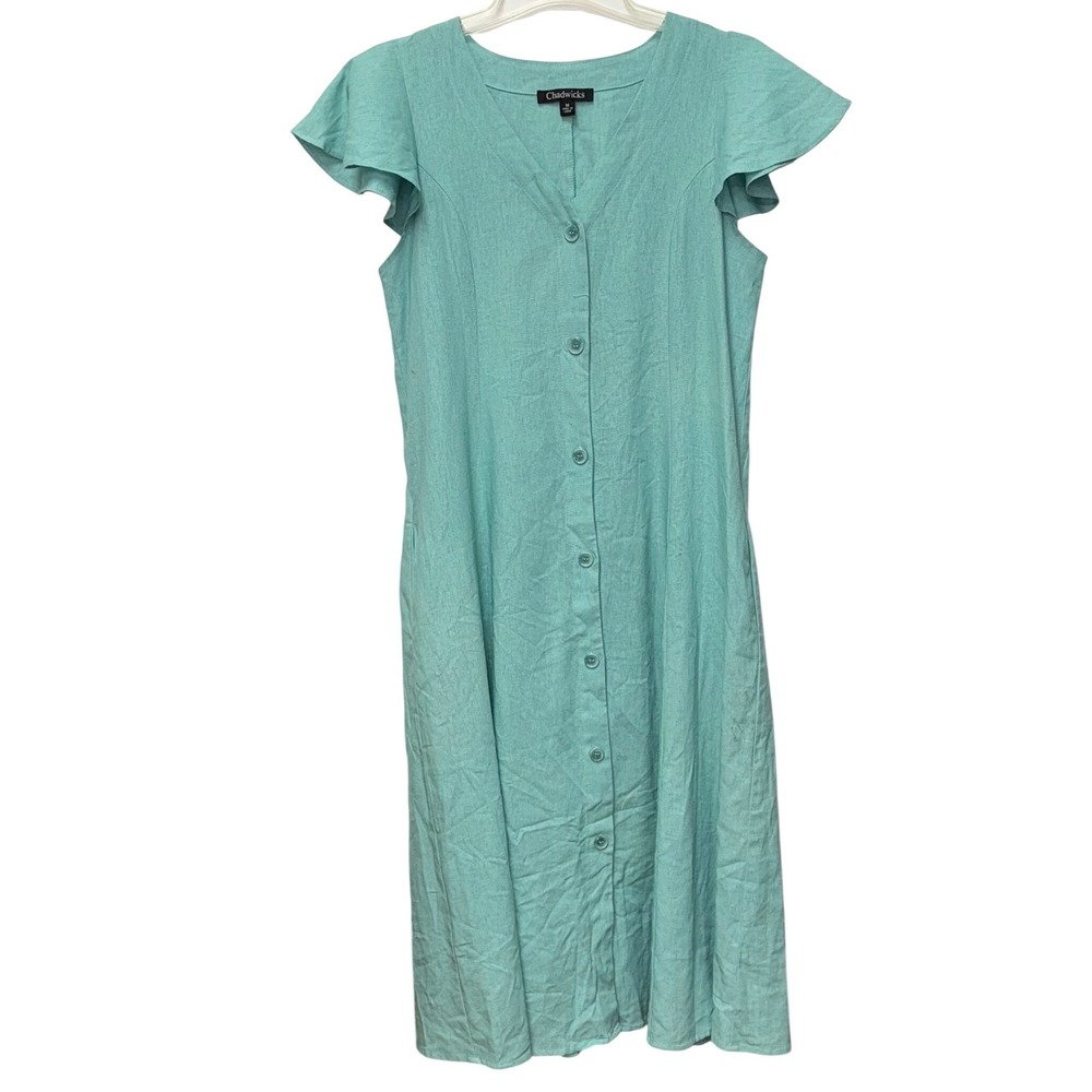 Chadwicks Teal Linen Blend Button Front Midi Dress Flutter Sleeve M Minimalist